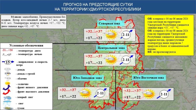 Оперативный ежедневный прогноз возникновения и развития чрезвычайных ситуаций на территории Удмуртской Республики на 04.07.2024